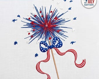 Sparkler Firework Embroidery Design with Bow, 4th of July Patriotic Embroidery File, 4 Sizes, Instant Download Dst, Pes, Exp, Jef, Vp3