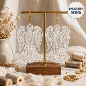 Bordado de ángel FSL, adorno de encaje independiente, pendientes de ángel navideños (diseño digital)