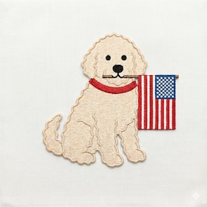 May include: Embroidered patch featuring a seated, cream-colored dog with a red collar, holding a miniature American flag in its mouth. The flag has red and white stripes and a blue field with white stars. The patch is on a white background.