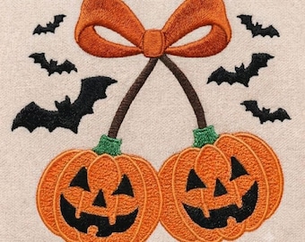 Pumpkin Cherry Coquette Embroidery Design, Halloween Machine Embroidery File, Cute Fall Cherry Bow Stitch Pattern, Autumn Embroidery Design.