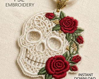 FSL Halloween Skull Rose Earrings Embroidery Design, Free Standing Lace Earrings, Gothic Lace Jewelry, Machine Embroidery File.