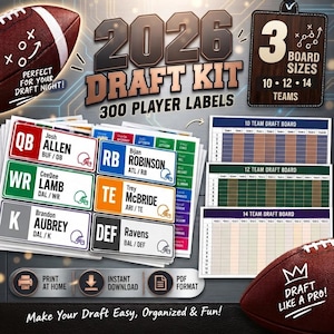 May include: A 2026 draft kit featuring 300 player labels for fantasy football. The kit includes three board sizes for 10, 12, or 14 teams, with printable player name stickers for positions like QB, RB, WR, TE, and DEF, plus draft board templates.
