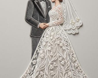 Free Standing Lace Wedding Couple Embroidery Design, FSL Bride and Groom Ornament, Machine Embroidery File