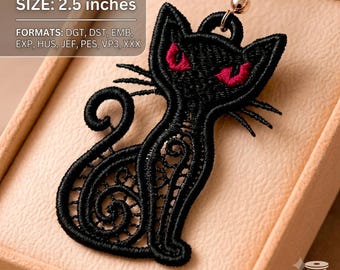 FSL Earrings. Machine Embroidery Designs. Black Cat Lace Earrings – Halloween Design.Size 2.5. Instant Download. PES and Other Formats.