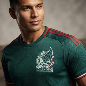 Puede incluir: Una camiseta deportiva de color verde oscuro con un patrón geométrico texturizado, rayas rojas en los hombros y un escudo blanco, verde y rojo en el pecho con la palabra MEXICO en letras mayúsculas sobre un gráfico de un balón de fútbol.