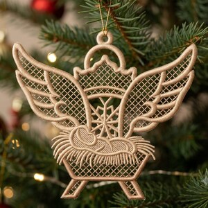 Christmas Boho Nativity Ornament Embroidery Design, Lace Angel Wings Machine Embroidery, Baby Jesus Manger Hanging Decor, Instant download