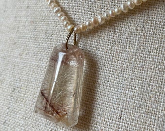 Rutilated quartz pendant necklace, pearl choker