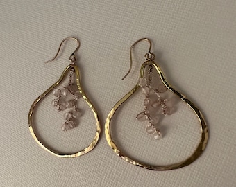 Fig earrings, hammered earrings, rose quartz, handcrafted jewelry, boho