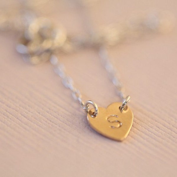 Deluxe initial tiny heart necklace by hand stamp -14k yellow gold heart  with sterling silver - MADE TO ORDER