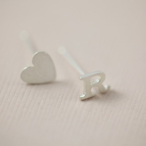 heart initial earrings, silver letter earrings, monogram jewelry
