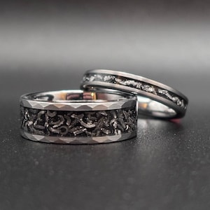 Silberne Meteoritenringe 4/8 mm, Wolframring Damen & Herren, Ehering, Trauring, Partnerring mit Gravur
