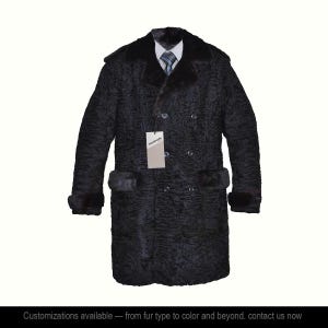 Men&#39;s Black Real Broadtail Astrakhan Fur DOUBLE BREASTED long 42&quot; Length Coat Custom Made Handmade With Mink Fur Collar Straps Gift For Him