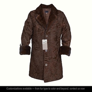 Men&#39;s Brown Real Persian Lamb Fur 42 inches length long Coat with real mink fur collar & cuffs All sizes Gift For Him