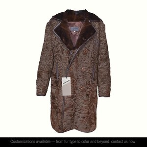 Men&#39;s Brown Real Persian Lamb Fur Karakul Fur Double breasted Long Pea Coat full length Coat Mink Fur Collar All sizes Gift For Him