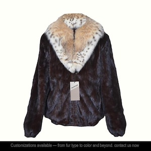Men&#39;s Brown 100% Real Mink Fur full skin Bomber winter jacket Coat BobCat Fur Shawl collar All sizes custom made made to order Gift For Him