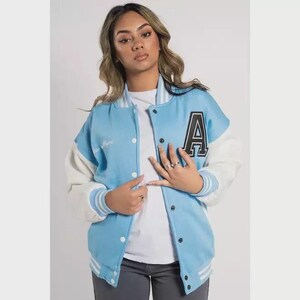 Women&#39;s Sky Blue & White Handmade Hybrid Varsity Jacket | Gift For Her