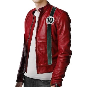 May include: A red leather jacket with a vertical green stripe on the left side. A white circle with the number 10 is on the upper left chest. The jacket has a zipper closure and a stand-up collar.