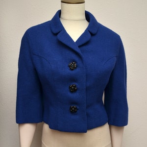 Vintage 50s 60s Cropped Jacket Lapis Blue Wool Amazing Cabochon Buttons image 1