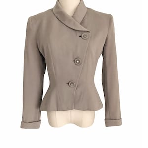 Vintage 40s Jacket Taupe Gabardine Asymmetrical with Peplum & Pearly Cabachon Buttons