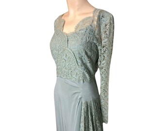 Vintage 40s 50s Dress by DuBarry in Mint Green Crepe & Lace