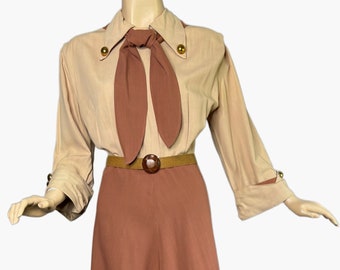 Vintage 1940s Dress Color Block of Cinnamon & Peachy Tan Rayon Large Brass Dome Buttons Attached Scarf Tie B 40