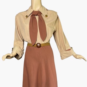 Vintage 1940s Dress Color Block of Cinnamon & Peachy Tan Rayon Large Brass Dome Buttons Attached Scarf Tie B 40