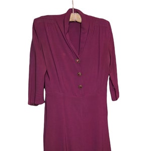 Vintage 40s Deep Cranberry Crepe Dress Pink Cabochon Buttons B40