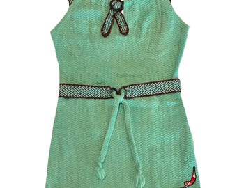RARE Vintage 30s Jantzen Swimsuit Aqua Green and Chocolate Brown Bathing Suit with Belt & Ties