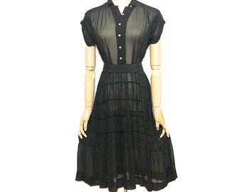 Vintage 40s Sheer Black Dress MOP Buttons Tiered Skirt