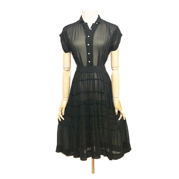 Vintage 40s Sheer Black Dress MOP Buttons Tiered Skirt