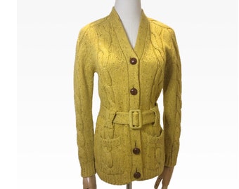 Vintage 70s Hand Knit Gold Flecked Cable Button Down Wool Sweater with Self Belt