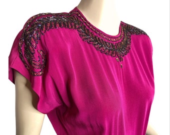 Vintage 40s DuBarry Dress Vibrant Fuchsia Pink Flowing Rayon Evening Gown STUNNING Beaded Neckline