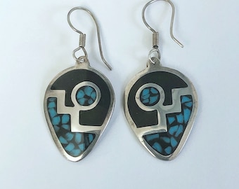 Vintage 80s Black & Turquoise Silver Dangling Earrings