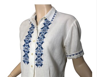 Vintage 50s Blouse Cream Cotton & Blue Ethnic Embroidery