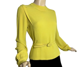 Vintage 40s Blouse Citrine Yellow Crepe Button Back with Original Belt