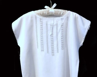 Vintage Bohemian White Cotton Blouse with Crochet Insets