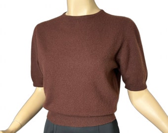 Vintage 50s Sweater Girl Cashmere in Cocoa Brown with Short Sleeves Braemar Made in Scotland