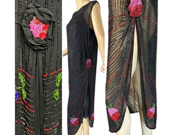 Vintage Antique 1920s Art Deco Beaded Dress in Jet Black Chiffon with Pink & Red Rosettes Blue Florals High Side Slit