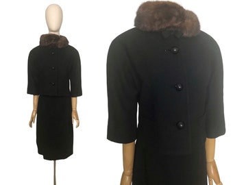 Sophisticated Vintage 60s Black Wool Suit Skirt and Cropped Jacket Mink Collar Large Domed Buttons & Bow