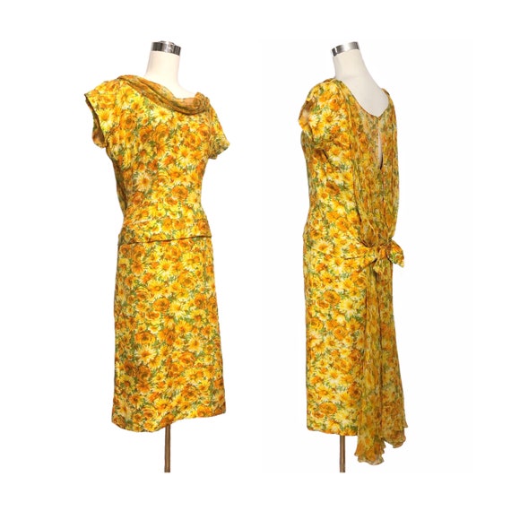 Vintage 50s Floral Silk Dupioni & Chiffon Dress M… - image 1