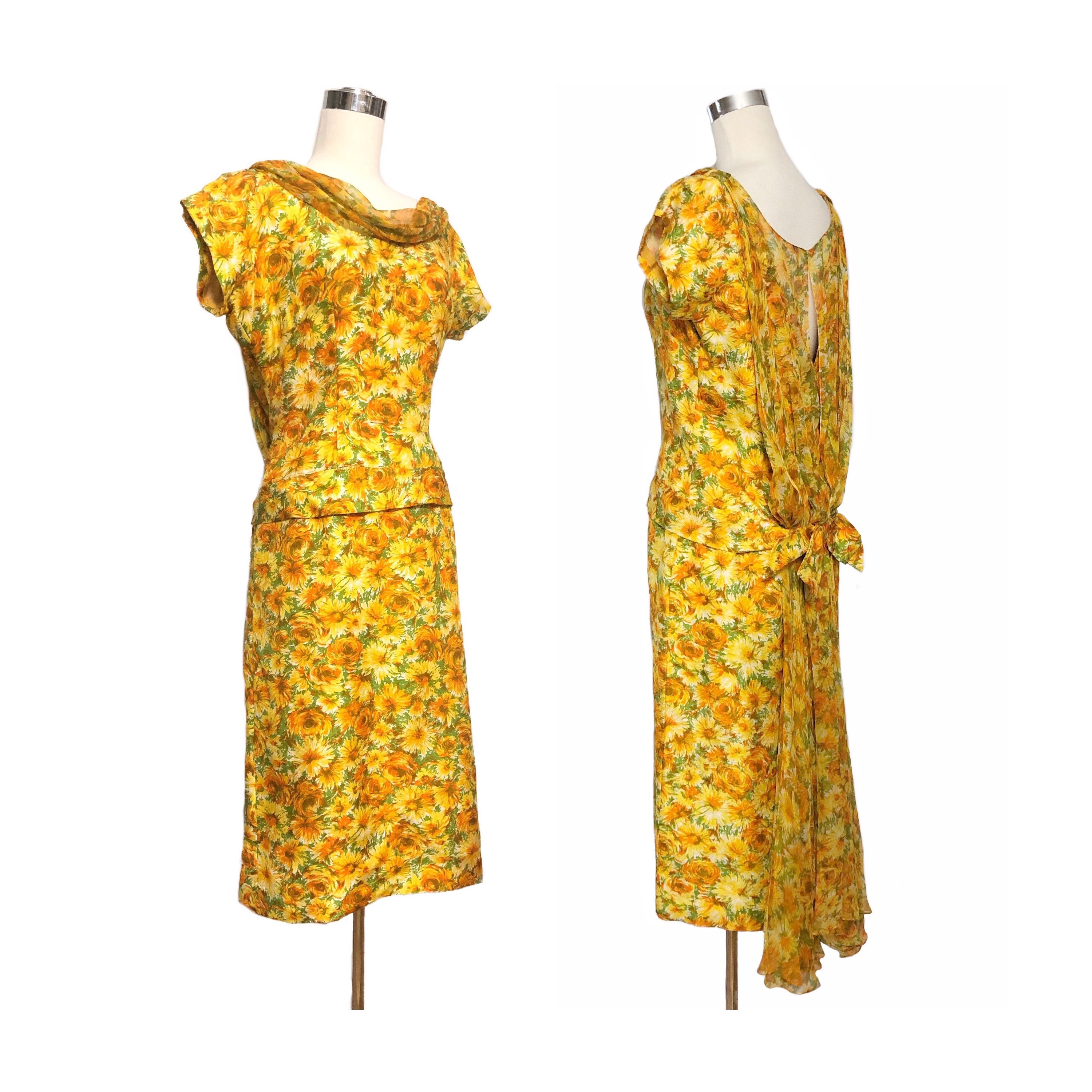Vintage 50s Floral Silk Dupioni & Chiffon Dress Mandarin Orange and ...