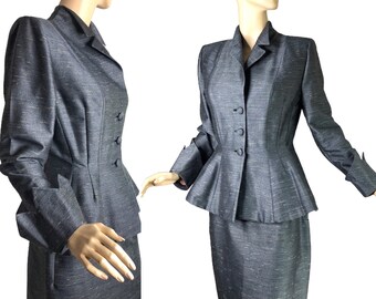 Vintage 40s Lilli Ann Suit In Gray Silk & Wool Fabric of France Peplum and Crown Cuffs