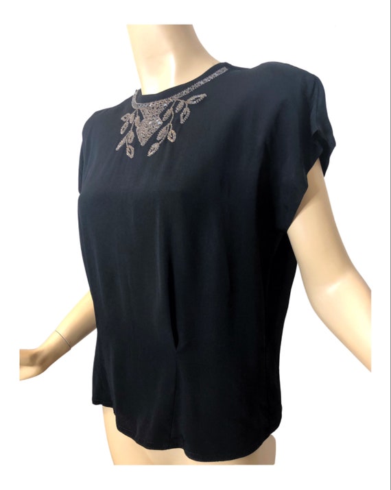 Vintage 40s Beaded Blouse Black Button Back Rayon… - image 5