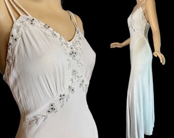 Vintage 1930s Cream Dress LETTIE LEE Hollywood Couturier Bias Cut Beaded Rhinestones Braided Camisole