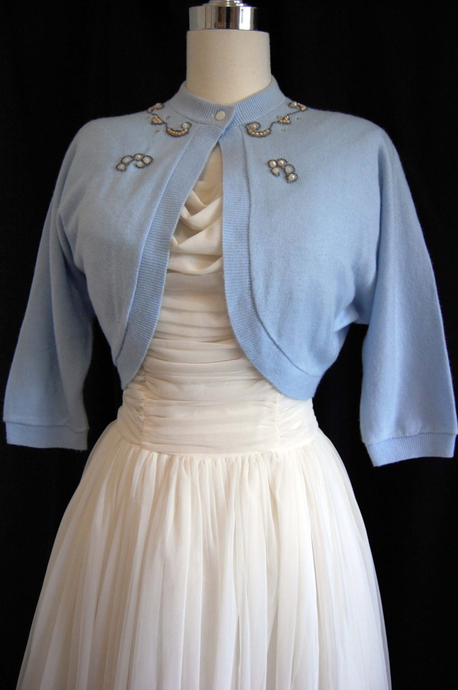 Vintage 50s Light Blue Beaded Sweater // 1950s Blue Bolero | Etsy