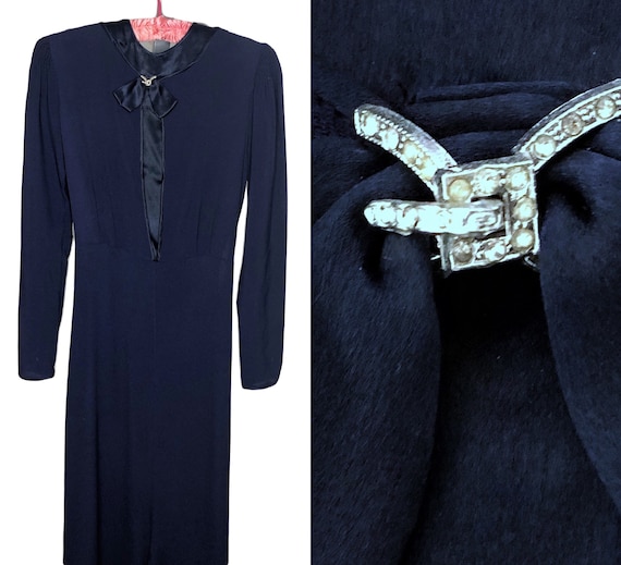Vintage 40s Dress in Navy Blue Crepe Satin Inset … - image 1