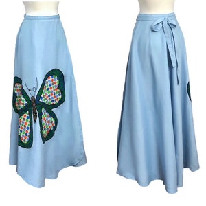 Vintage 70s Maxi Skirt HUGE Butterfly Applique Hippie Wrap Sky Blue