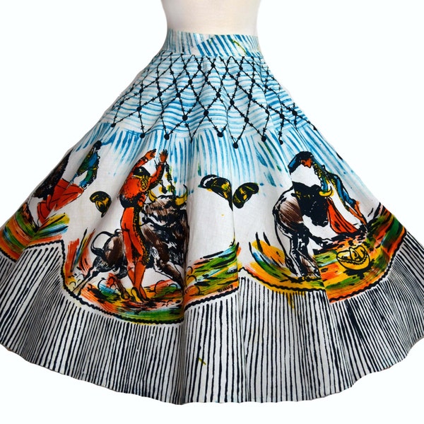 RESERVED Vintage 50s Mexican Circle Skirt // 1950s Full Skirt Amazing Bullfighting images