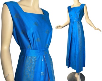 Vintage 70s Maxi Dress Azure Blue Cotton with Gold Silkscreened Pattern Alice Polynesian Hawaiian