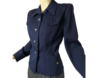 Vintage 40s Jacket Gabardine Navy Blue with Gold Trimmed Pinwheel Buttons